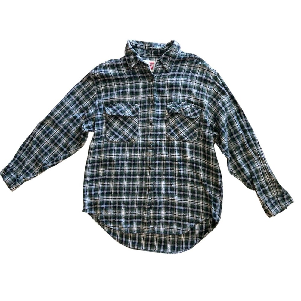 Levis Flannel Women’s Size M Plaid Long Sleeve Button Shirt Elbow‎ Patches